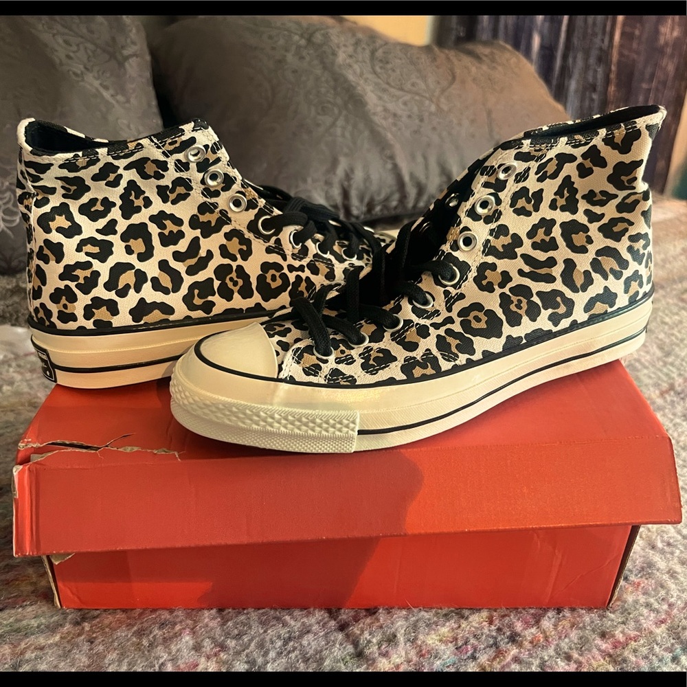 Brand new leopard print converse high tops Women’s size 10.5 or Men’s size 8.5.